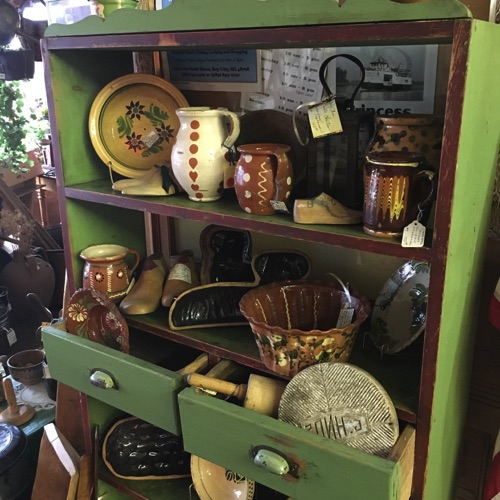 Pottery, Primitives and Standing Shelf in Original Paint
