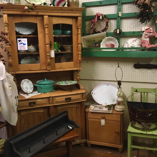Stripped Pine Kitchen Cabinet and Plate & Cup Rack in original Green Paint
